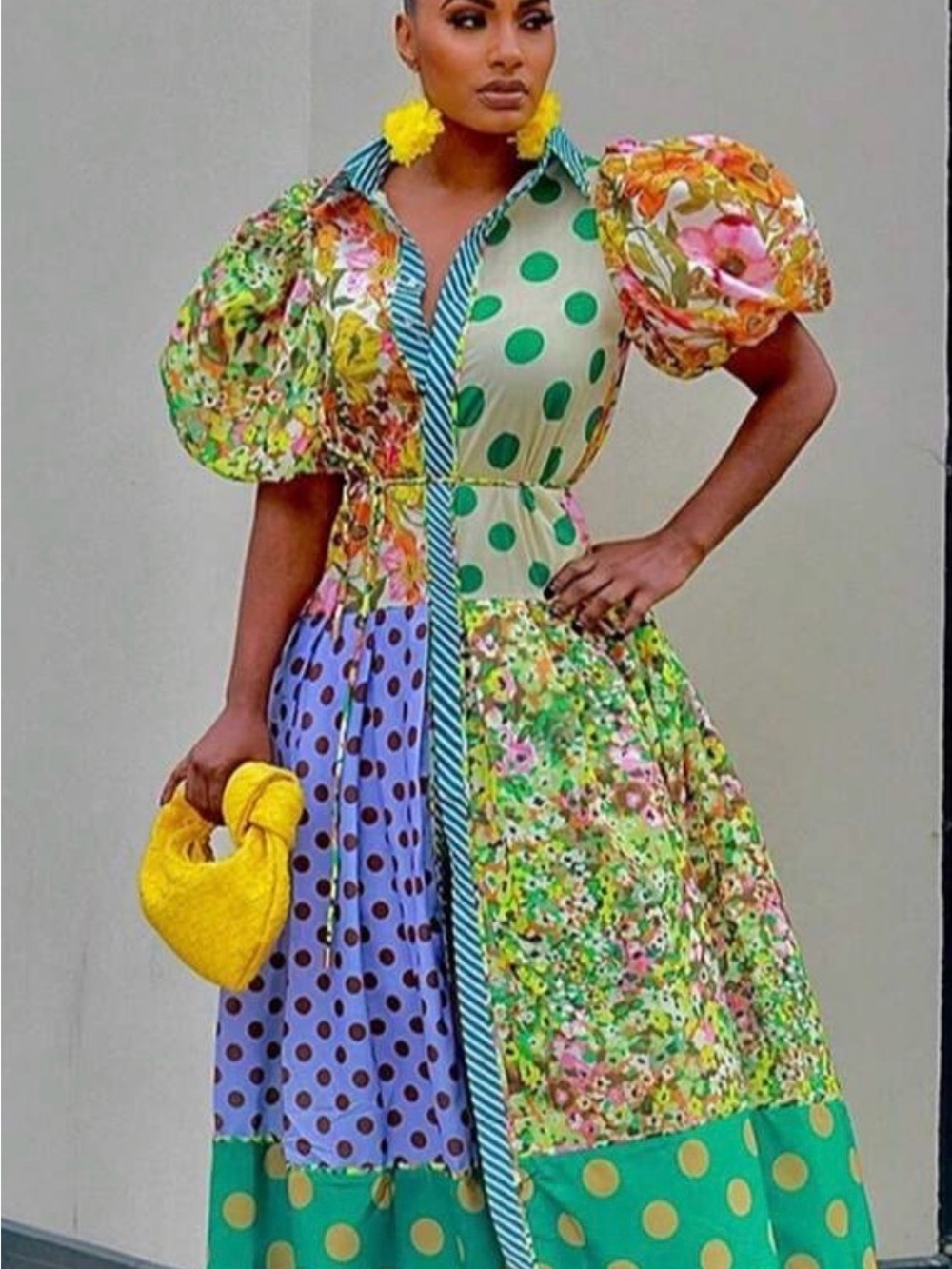 Mother’s Day Fab! Colorblock Floral Polka-Dot Puff Sleeve Maxi Dress - Multi